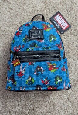NWT! Loungefly Marvel Comics Women Superheroes Mini Backpack, Blue Pop-Art Print